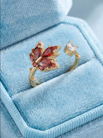 Maple Red Leaf Zircon Ring