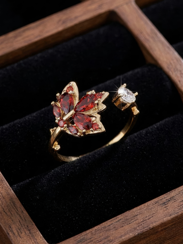 Maple Red Leaf Zircon Ring