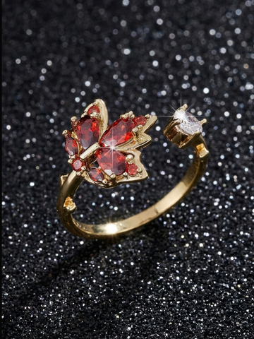 Maple Red Leaf Zircon Ring