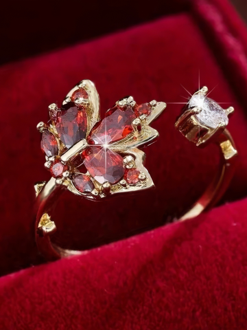 Maple Red Leaf Zircon Ring