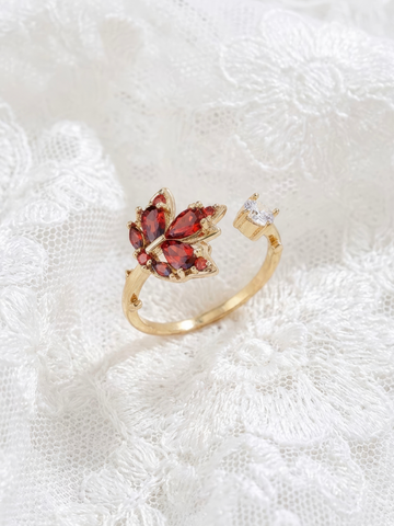 Maple Red Leaf Zircon Ring